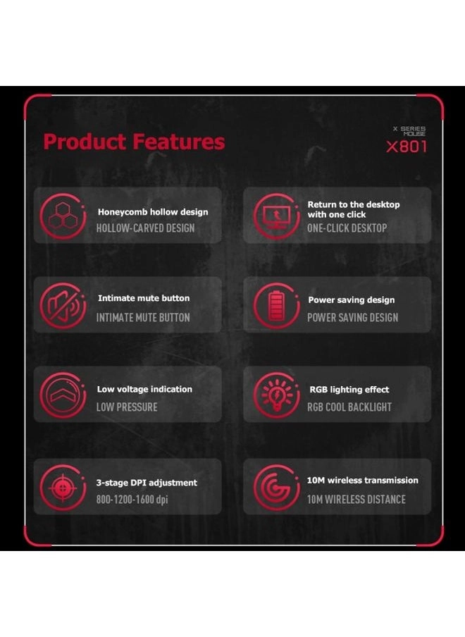 X801 8-Button 1600DPI Hollow Luminous Gaming Mouse - Wireless