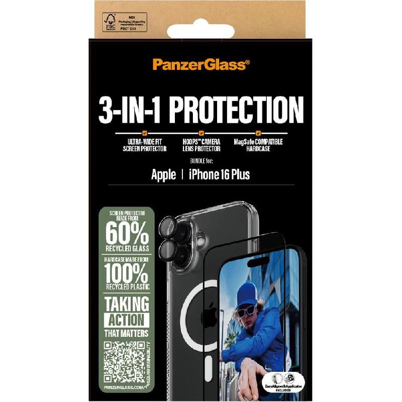 CARE MagSafe Case - 100% Recycled Plastic MagSafe + Ulta-Wide Fit Screen Protector - 60% Recycled Glass + Hoops Camera Lens Protector for iPhone 16 Plus