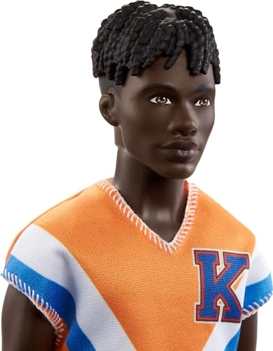 Ken Fashion Doll - Twisted Black Hair Orange Athletic Jersey Ages 3+