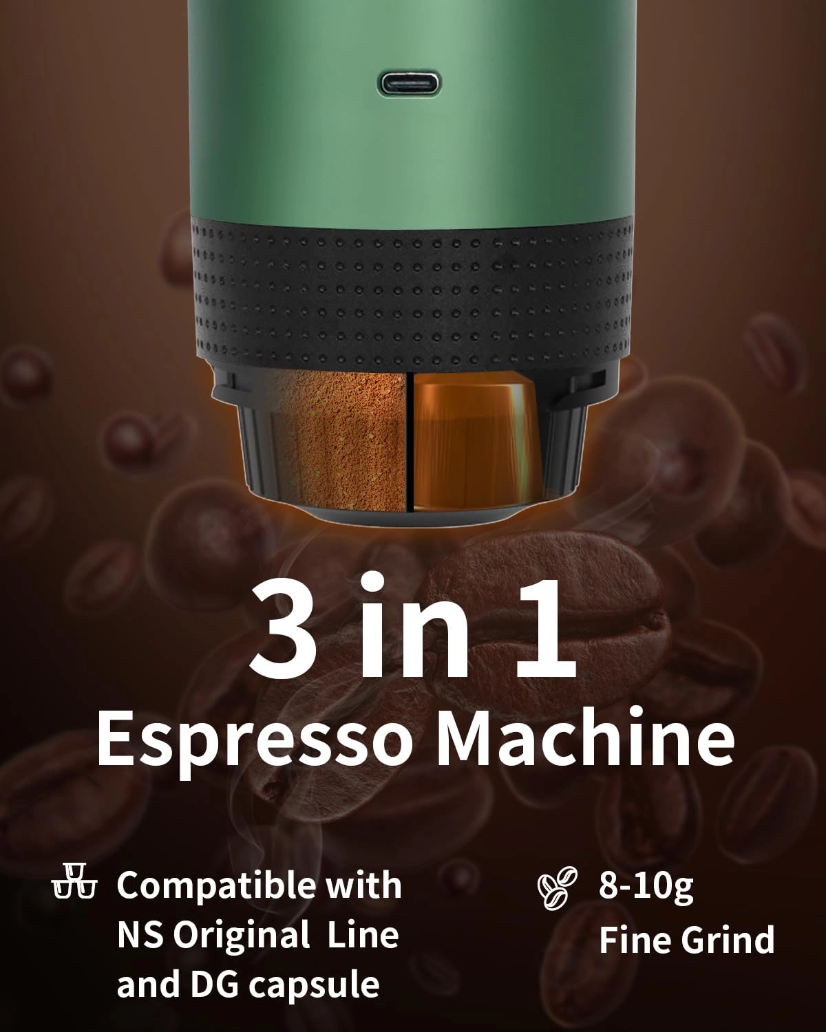 Portable Electric Espresso Machine - 60 Milliliters Ground Coffee & NS Capsules