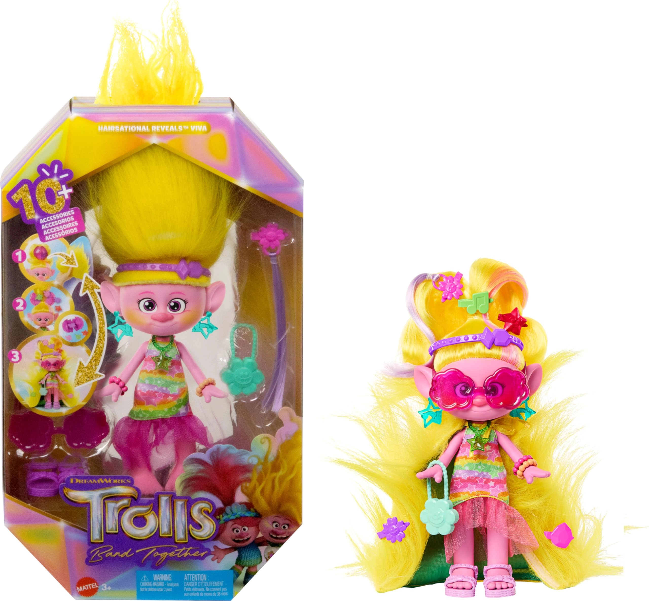Mattel Trolls Band Together Hairsational Reveals Fashion Doll - 10+ Accessories Transforming Hair Piece