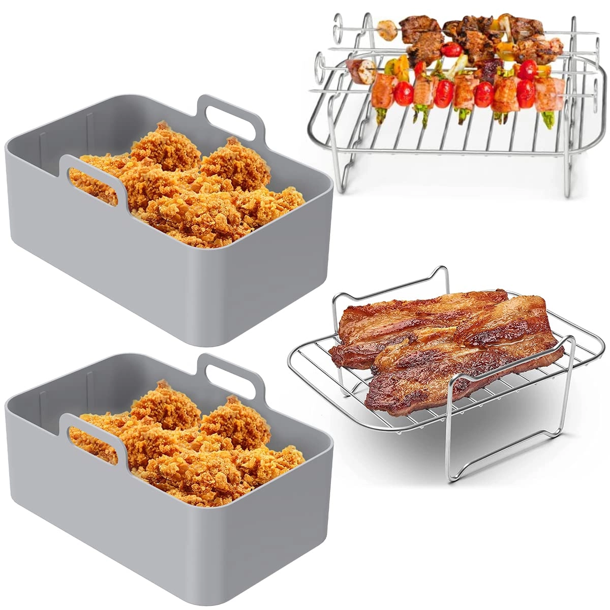 Air Fryer Silicone Pot + Air Fryer Rack + Skewer + Steamed Rack + Air Fryer Liner - Aluminum, Plastic, Stainless Steel 8Pcs