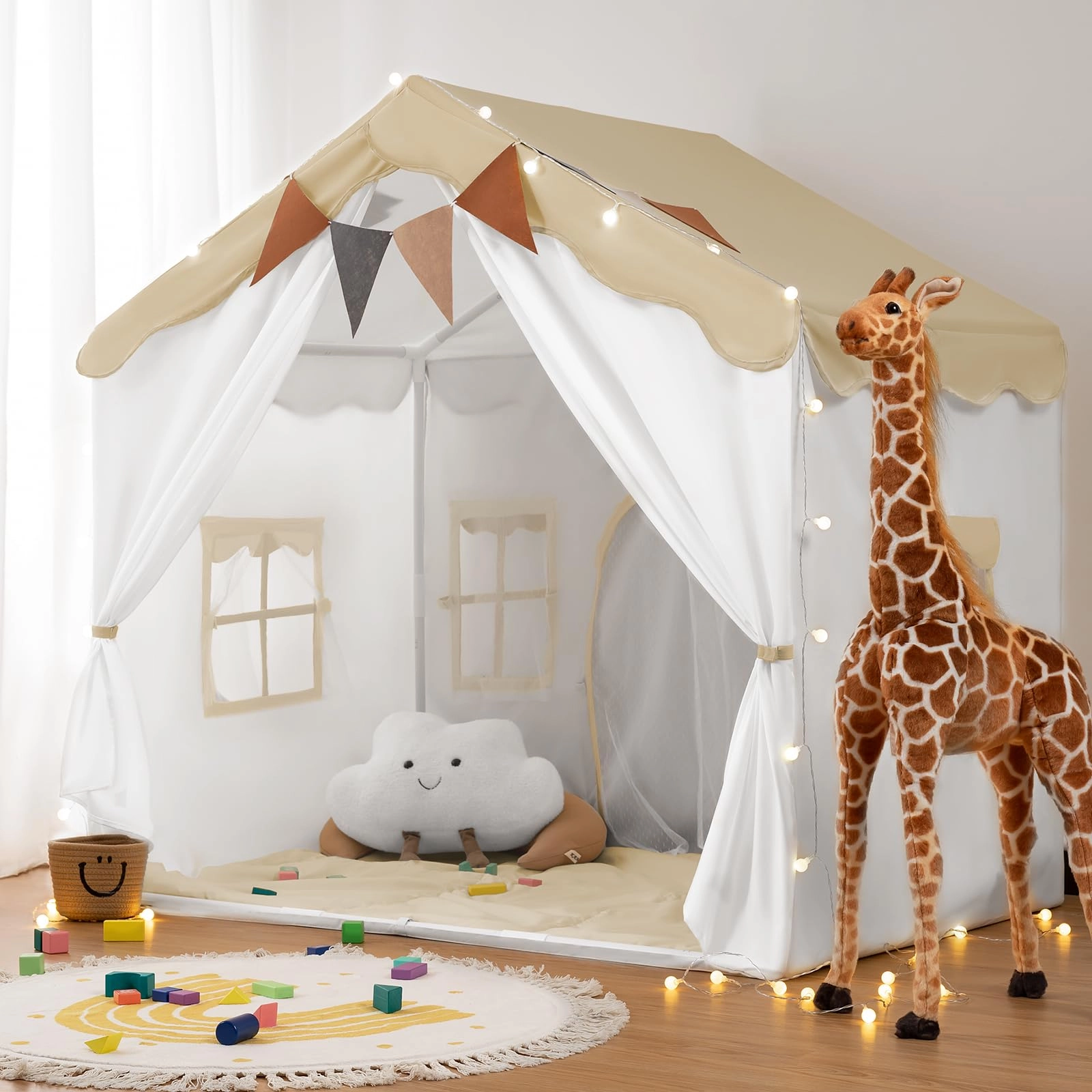 2-in-1 Kids Play House Tent - 130 cm x 89 cm x 130 cm Brown