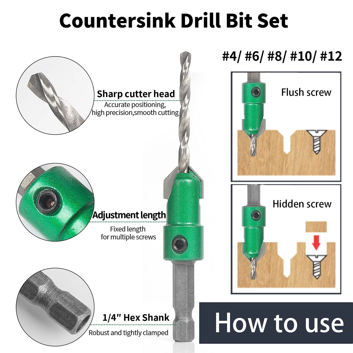 Pro Countersink Drill Bit Set - High Speed Steel 5-Piece #4 #6 #8 #10 #12