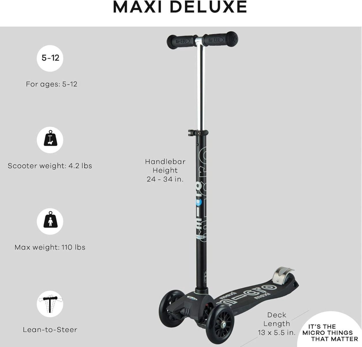 Maxi Deluxe 3-Wheel Kick Scooter – 120/80 mm LED