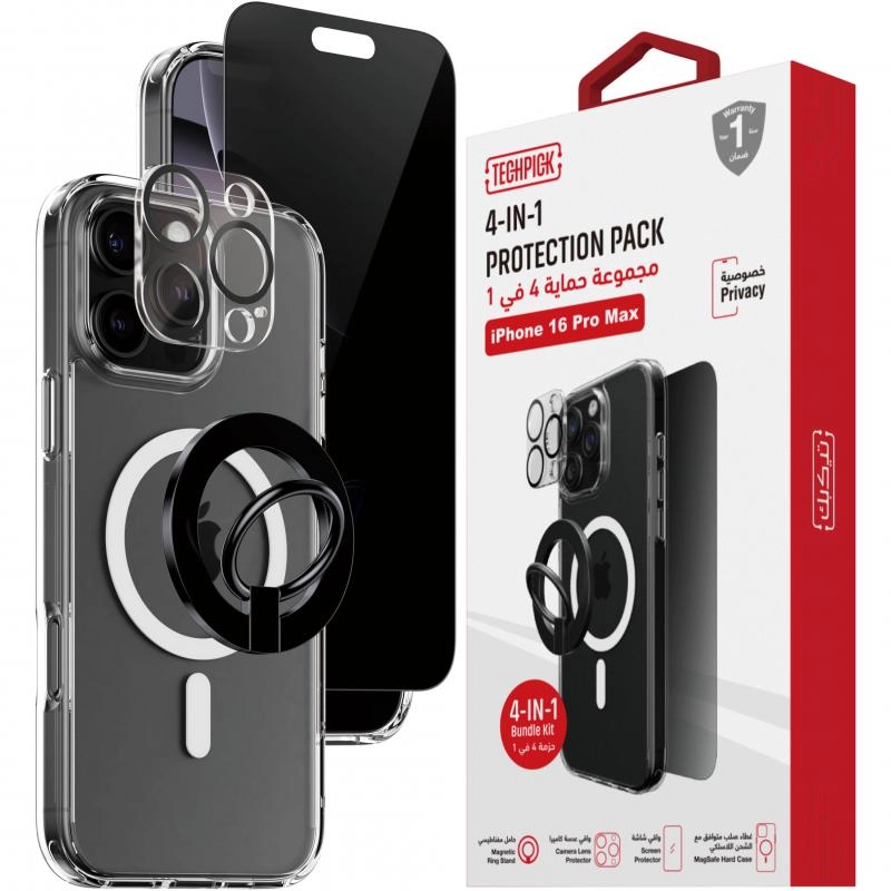 Techpick Clear Case + Privacy Tempered Glass + Camera Lens Protector + Magnetic Stand for iPhone 16 Pro Max