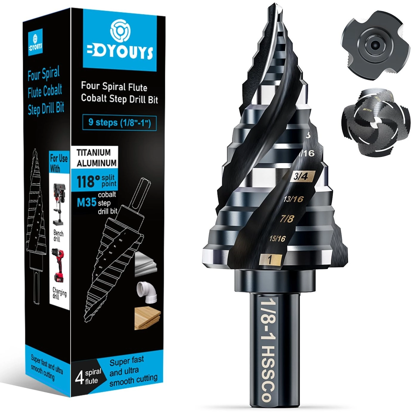 BOYOUYS Step Drill Bit - M35 Cobalt 9 Sizes 1/8"-1"