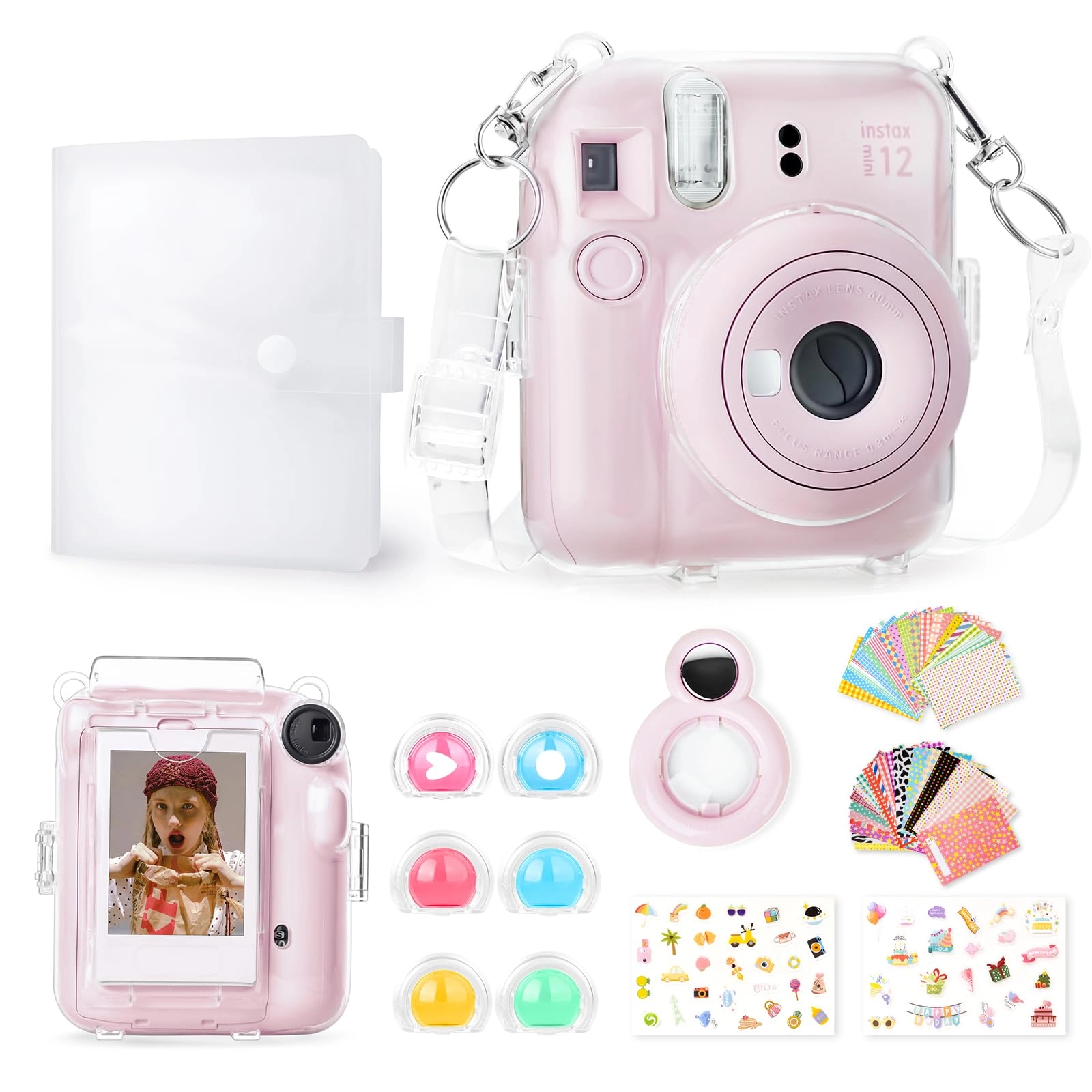 Clear Case - with Strap + Mini Photo Album - 80 Photos + Selfie Mirror + DIY Stickers - x2 + Color Filter - x4
