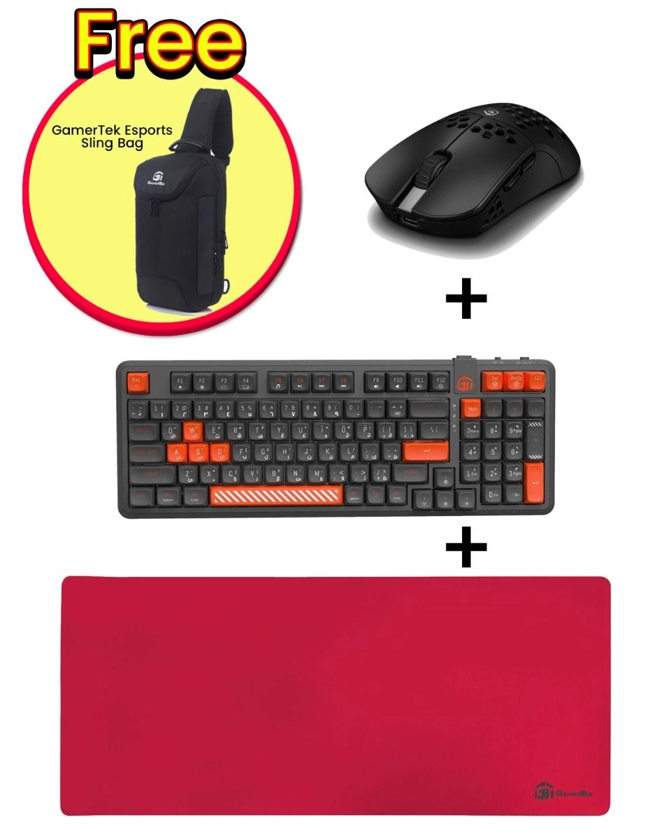 GamerTek Grip Desk Mat - XXL Red + Onyx - Wireless Black + Arcade Keys - Wireless Mechanical Black + Esports Sling Bag - Black