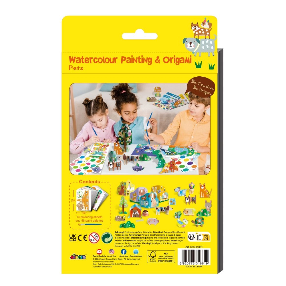 Painting & Origami Pets Watercolor - 14 coloring sheets paint brush
