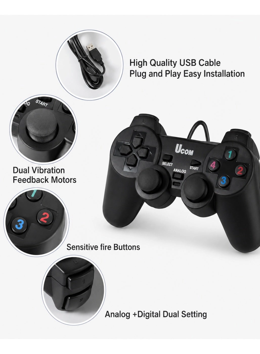 Dual Vibration USB PC Gamepad Joystick - Classic Black Set