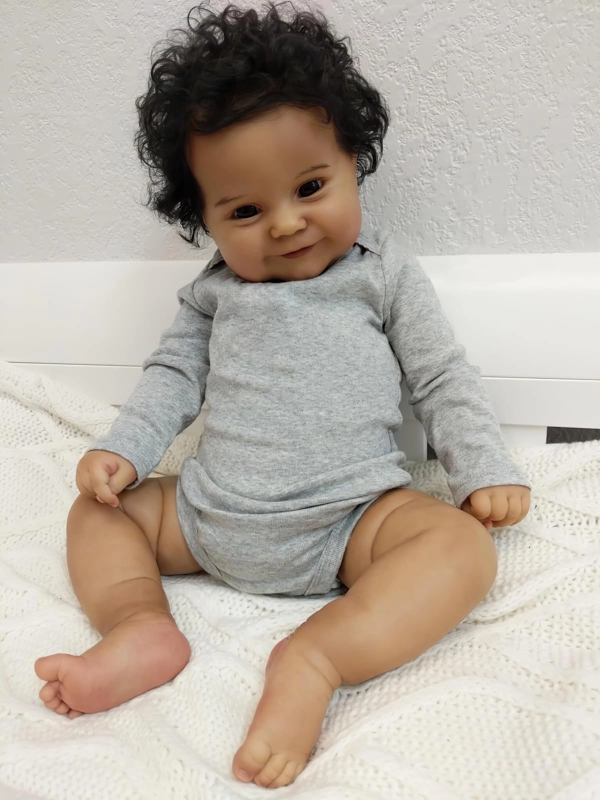 Ardol Reborn Baby Doll - 20 Inches Soft Cloth Body Dark Brown Skin Sweet Smiling Rooted Curly Hair