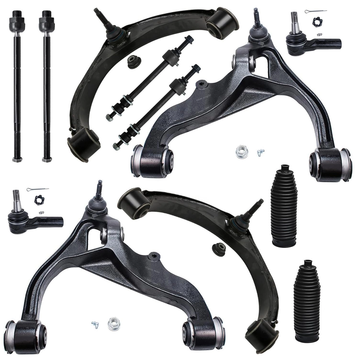 Detroit Axle Front Upper Control Arms + Front Lower Control Arms + Front Outer Tie Rod Ends + Front Inner Tie Rod Ends + Tie Rod Boot & Bellows + Front Stabilizer Sway Bar End Links