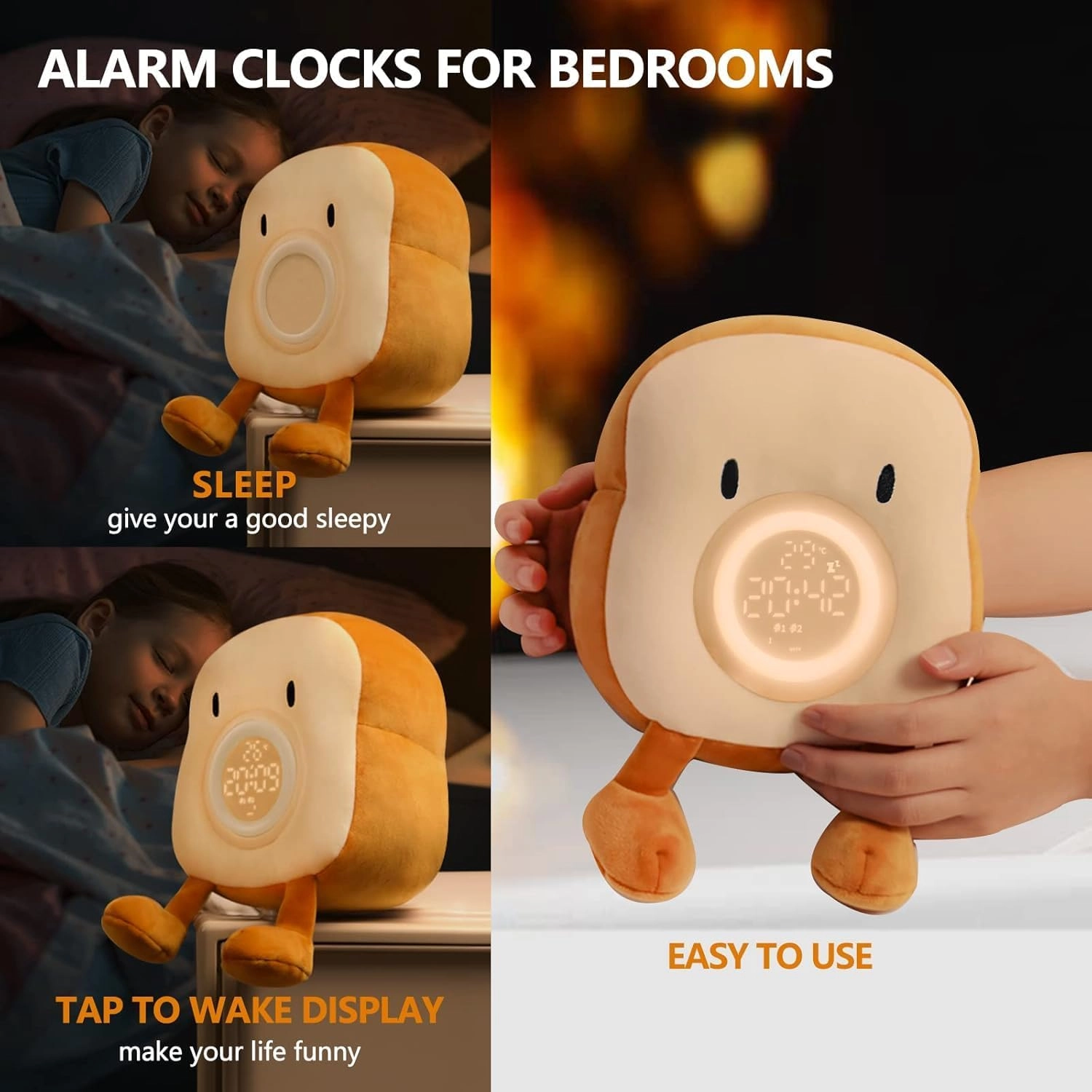 Cute Toast Plush Alarm Clock - USB Rechargeable Warm LED