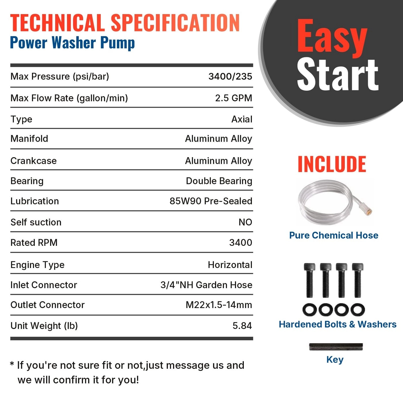 Horizontal Pressure Washer Pump - 3/4" Shaft 3400 PSI 2.6 GPM
