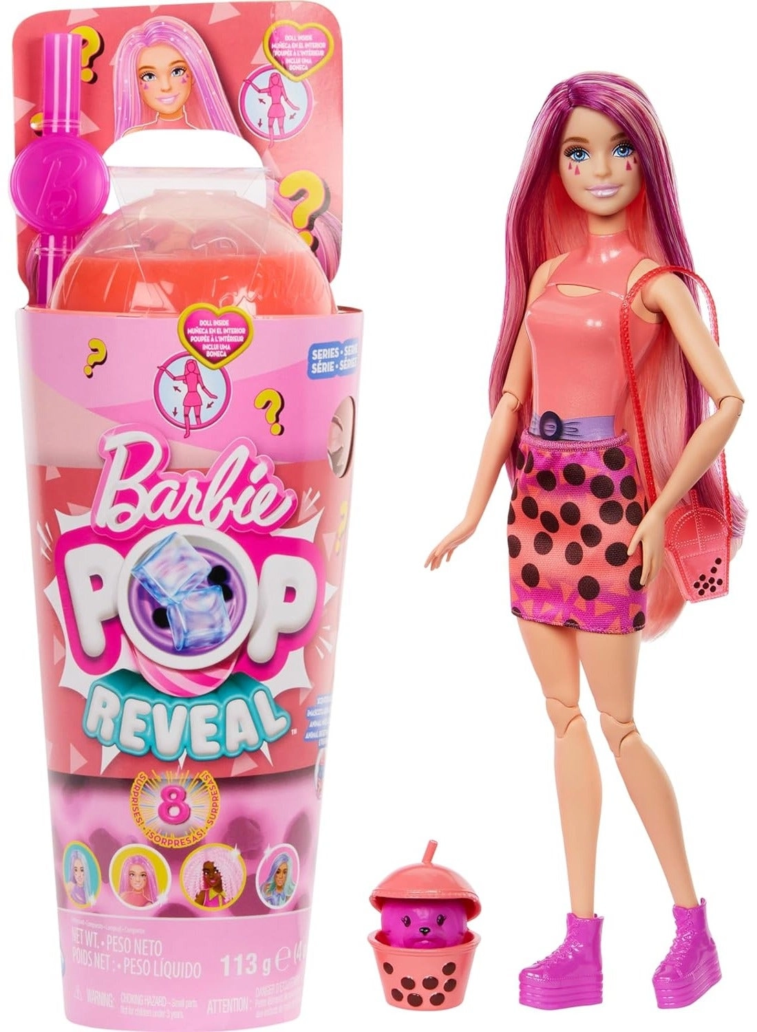 Barbie Pop Reveal Bubble Tea - Blonde with Dark Pink Highlights 8 Surprises Ages 3+