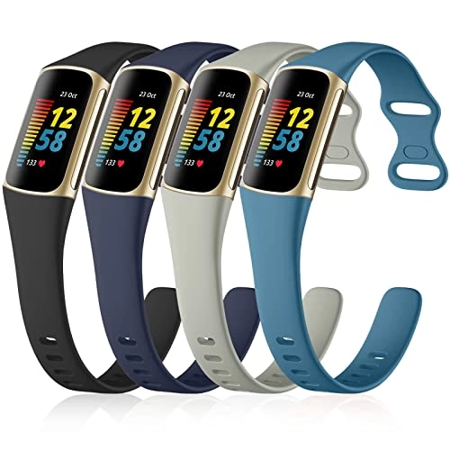 Soft Silicone Slim Watch Band for Fitbit Charge 5/Charge 6 - Black/Slate/Navy Blue/Pine Green