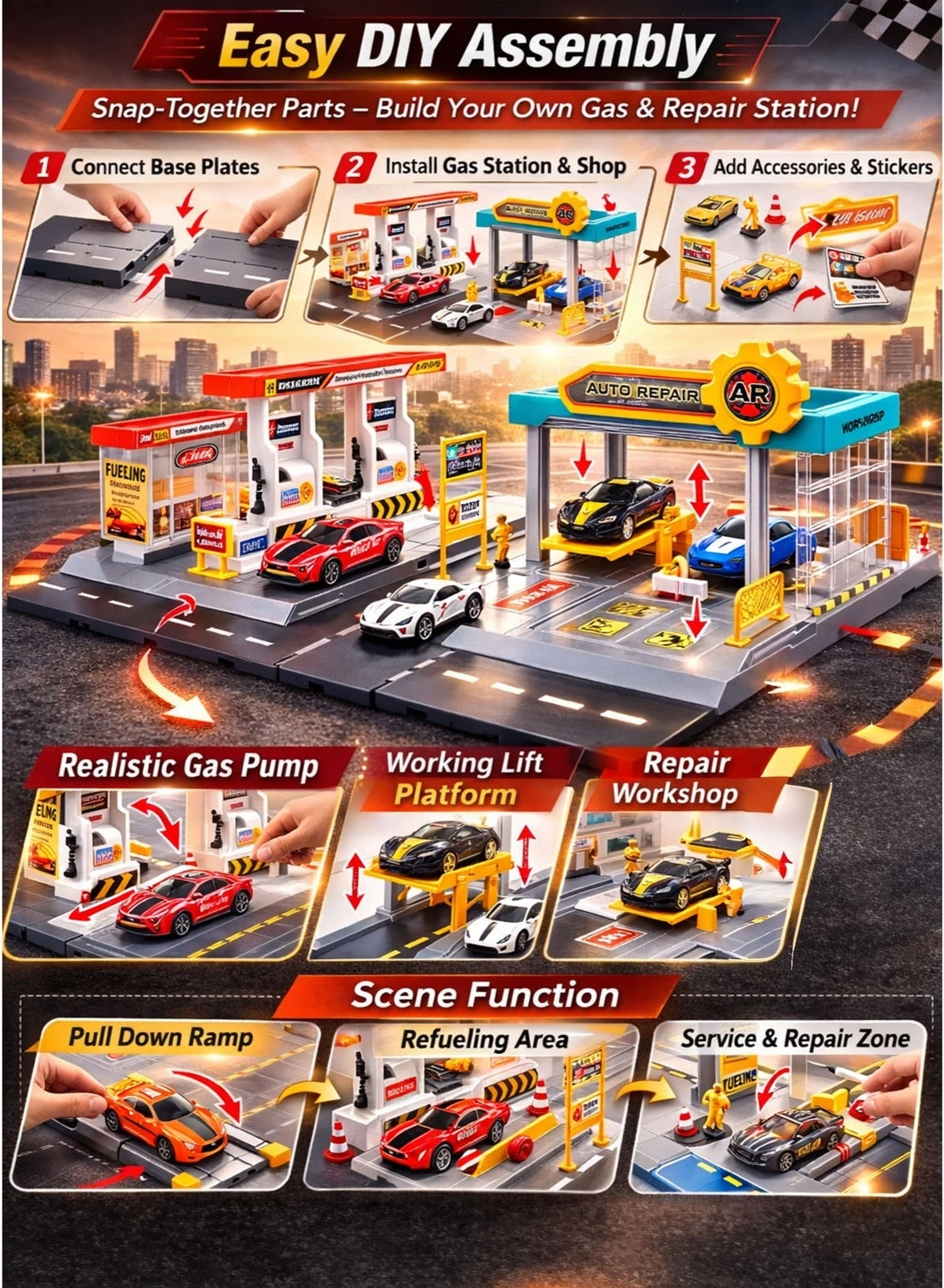 Gas & Repair Station Playset - 1:64 6 pcs