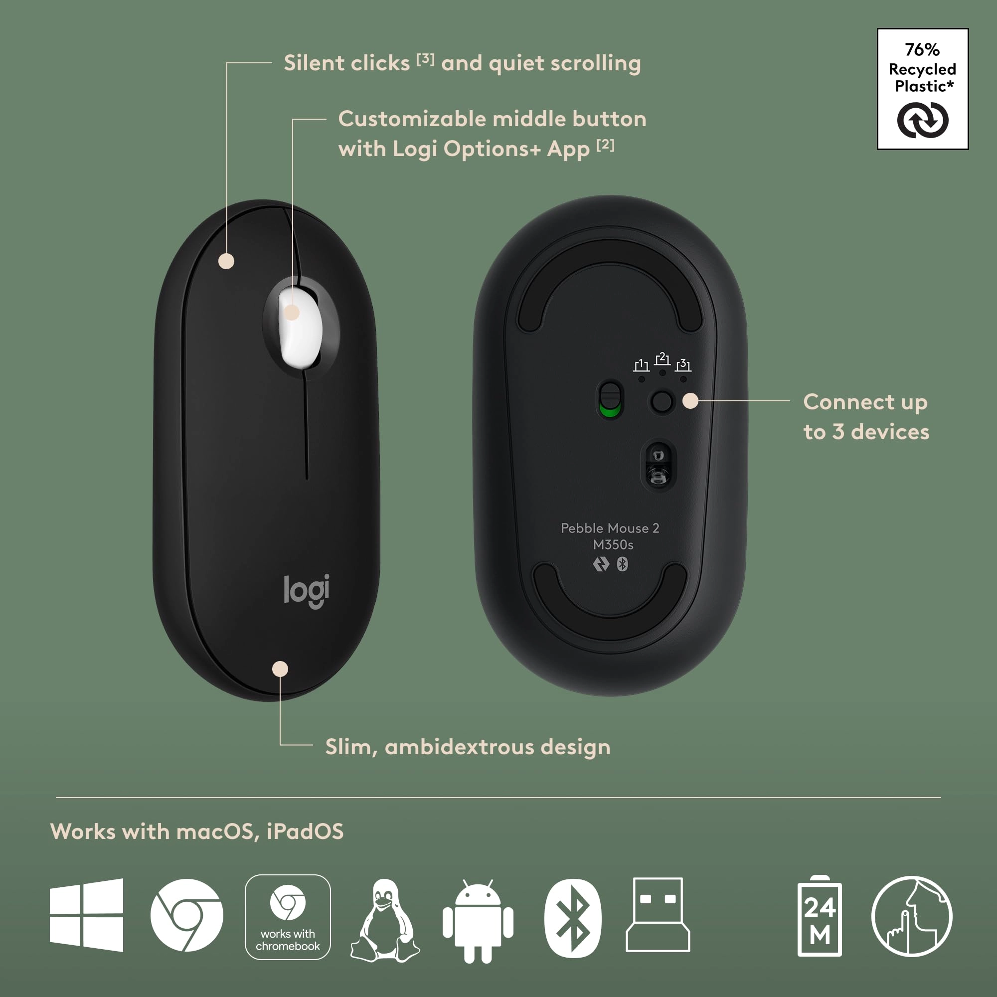 Pebble 2 Combo - QWERTY Battery Powered, Linux, Mac, Optical, PC