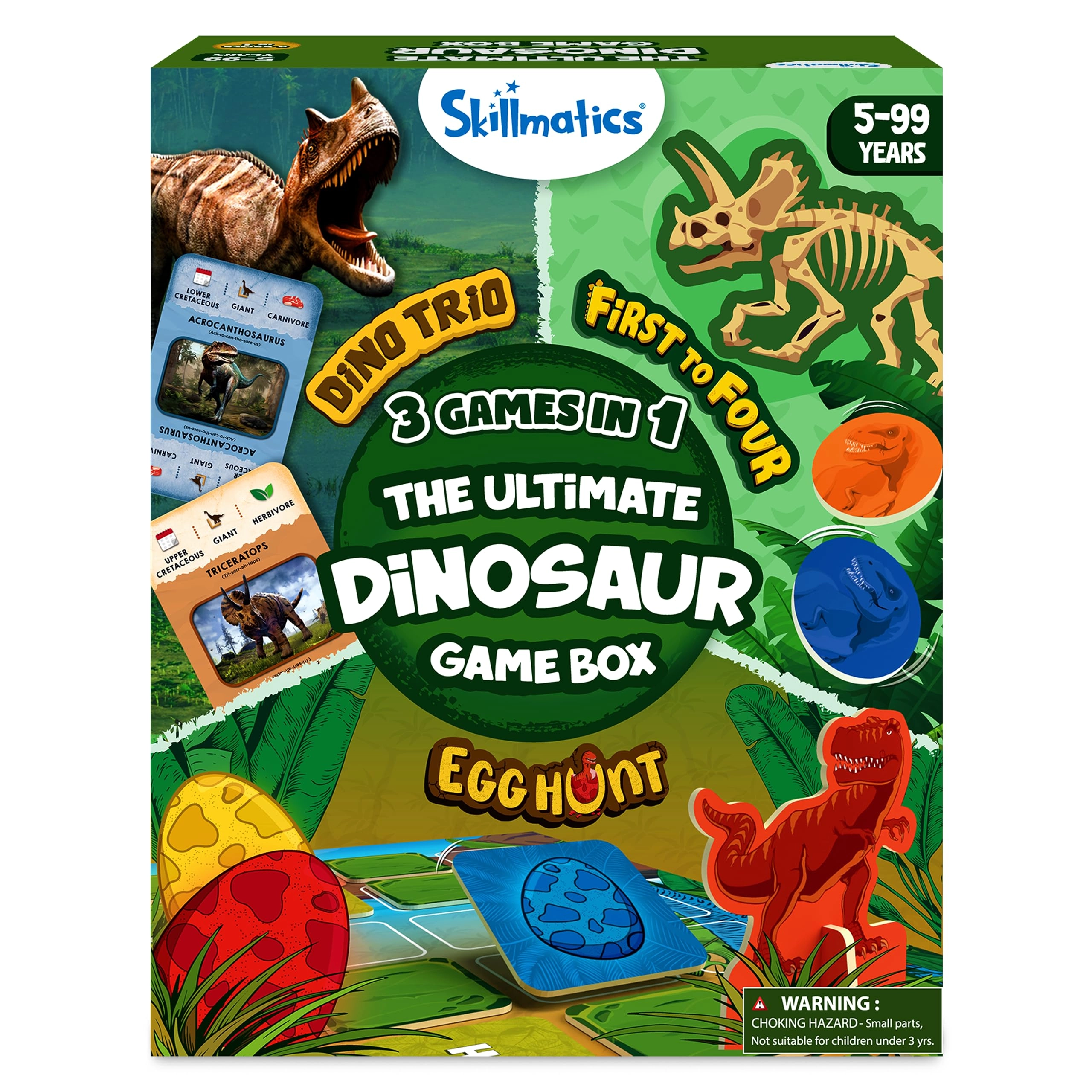 Skillmatics Dino Trio - Card Game + First to Four - Card Game + Egg Hunt - Board Game