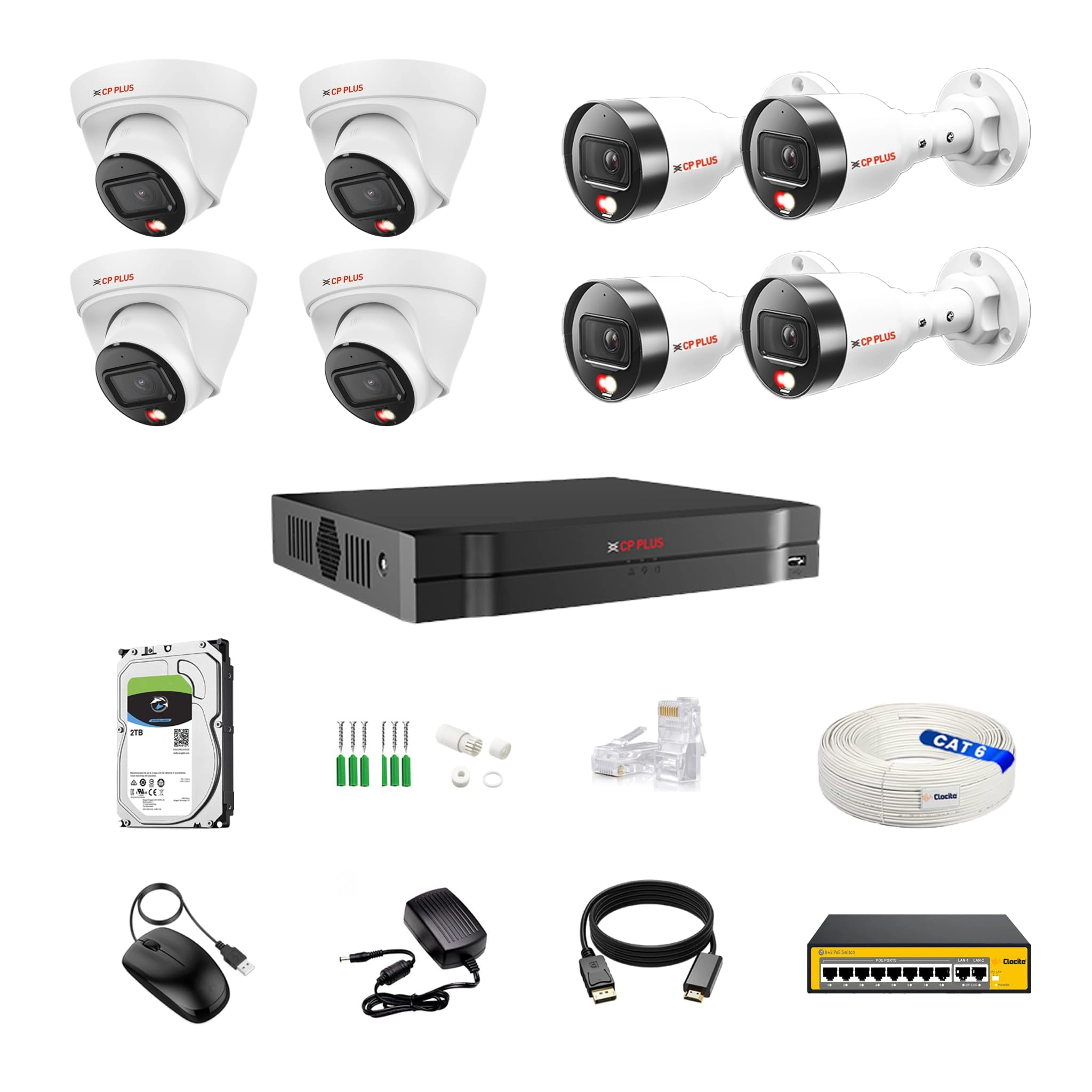 IP illumax 8 CH AI NVR + 4MP 2 Dome 5 Bullet IP Cameras + 2 TB HDD + 8+2 POE Switch + CAT 6 Cable