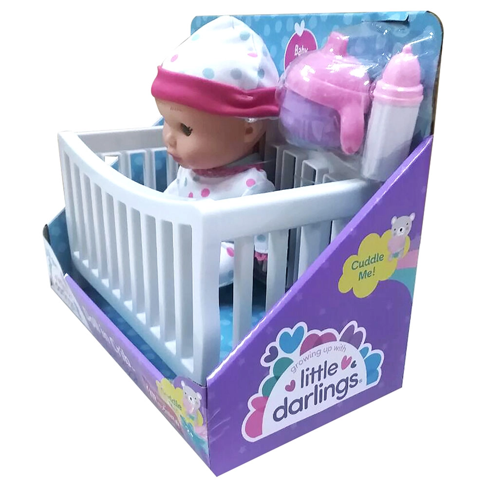 Little Darlings Doll - 8" fully poseable + Crib + blanket + milk bottle + sippy cup Ages 2+