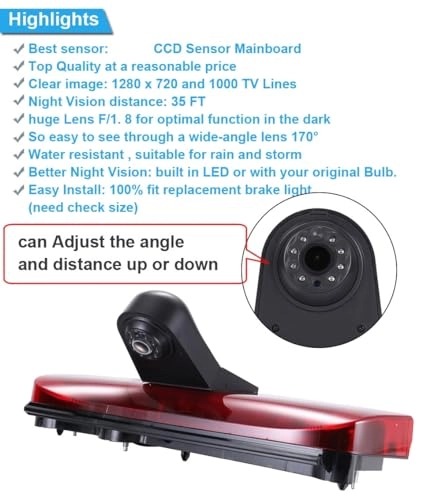 Rear View Mirror Monitor - 4.3 Inch Wired + Brake Light Camera - 1280 x 720 Night vision