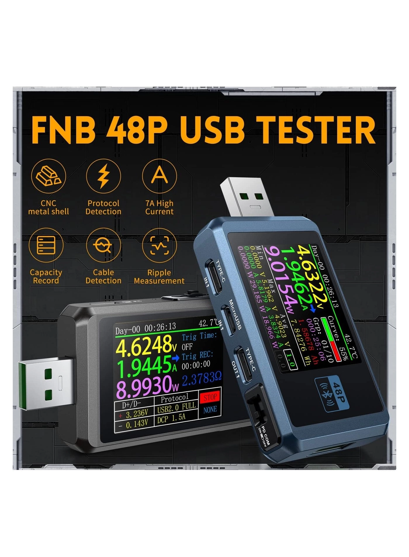 FNB48P - Bluetooth-Enabled USB A&C Digital Multimeter 1.77-inch TFT LCD