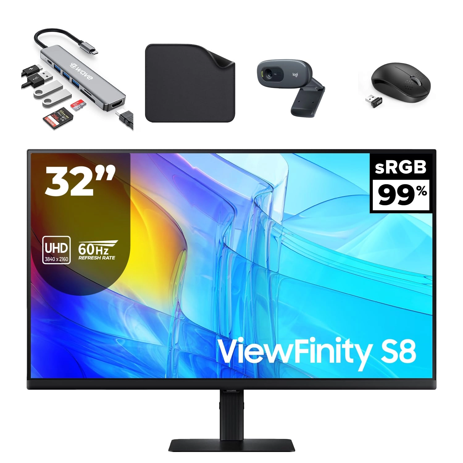 Samsung ViewFinity S8 S80D - LS32D806UAMXUE 32" 3840x2160 + 7 in 1 Hub + Webcam + Wireless Mouse + Mouse Pad