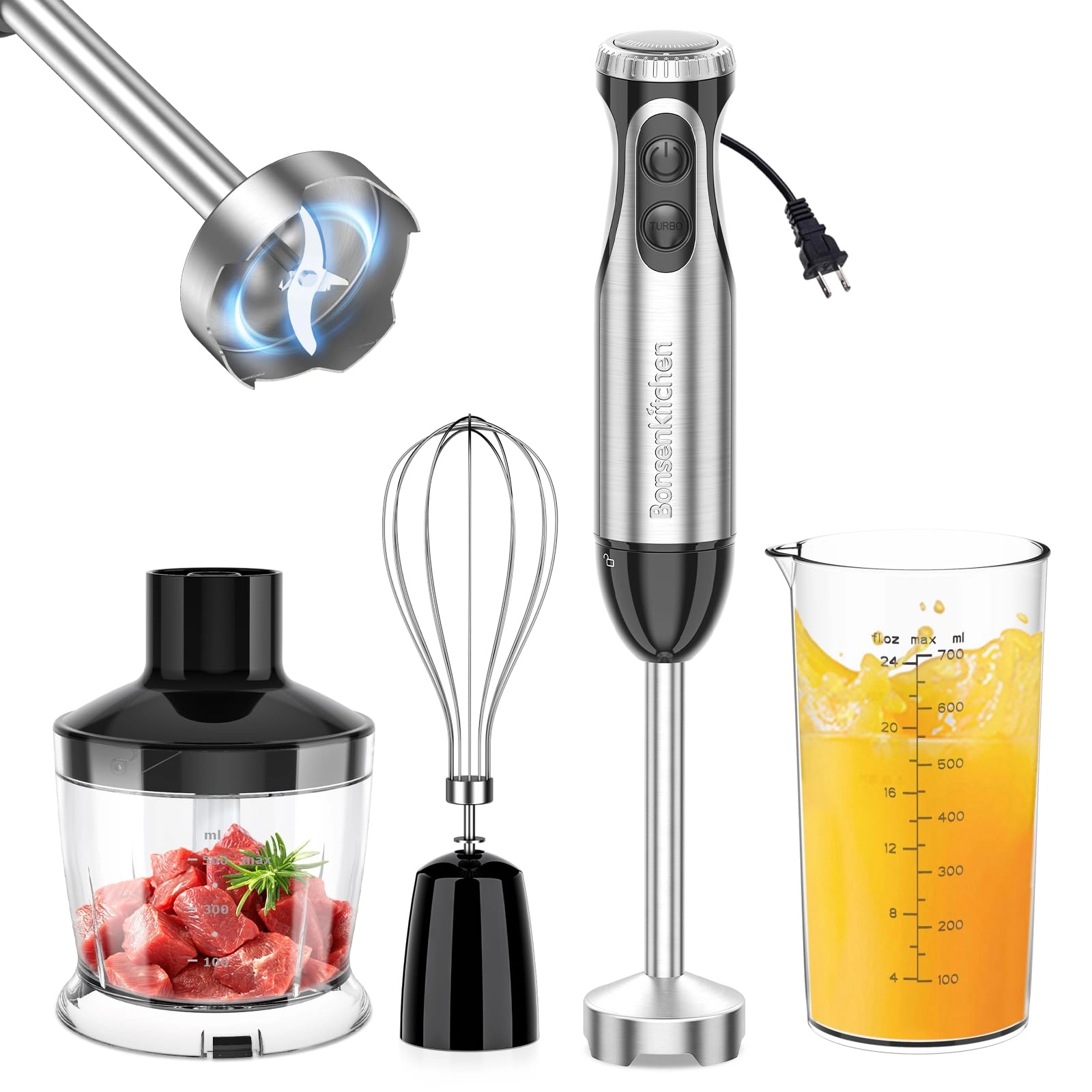 Bonsenkitchen Immersion Blender - 20 Variable Speeds & Turbo, 4-in-1 Stainless Steel