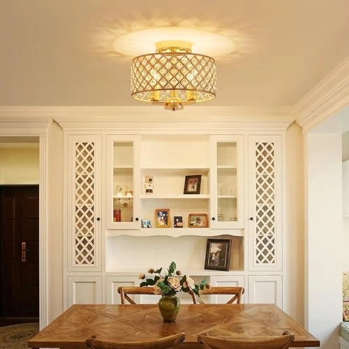 Crystal Chandelier - E14 x3 Sockets Diameter 27 x H22 cm Antique Brass Finish