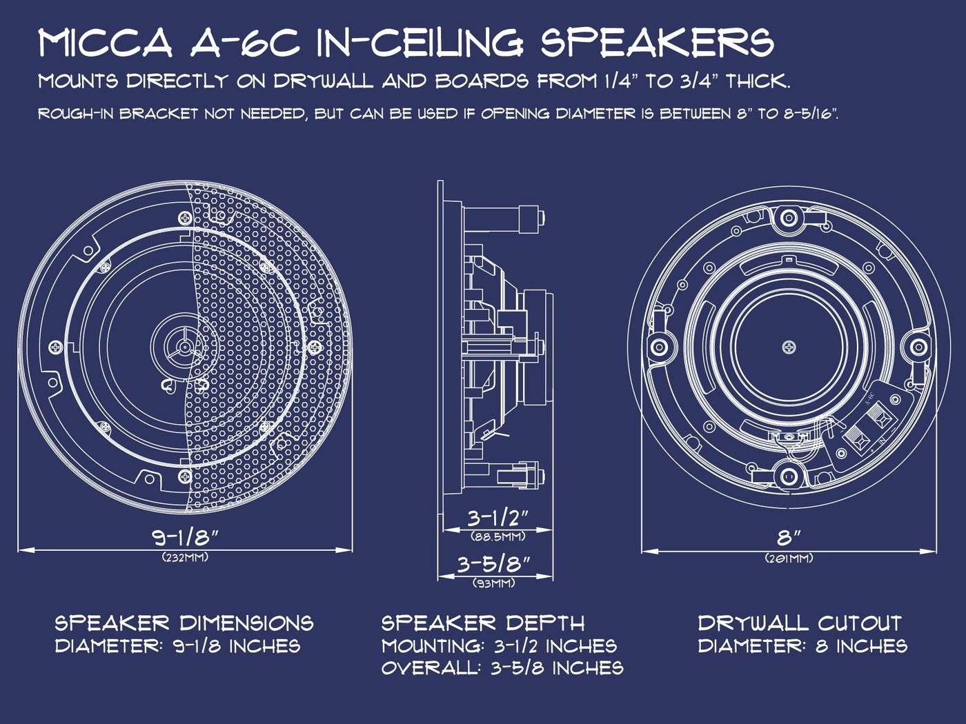 6.5" 2-Way in Ceiling or Wall Round Speakers - 60 Watts Pack