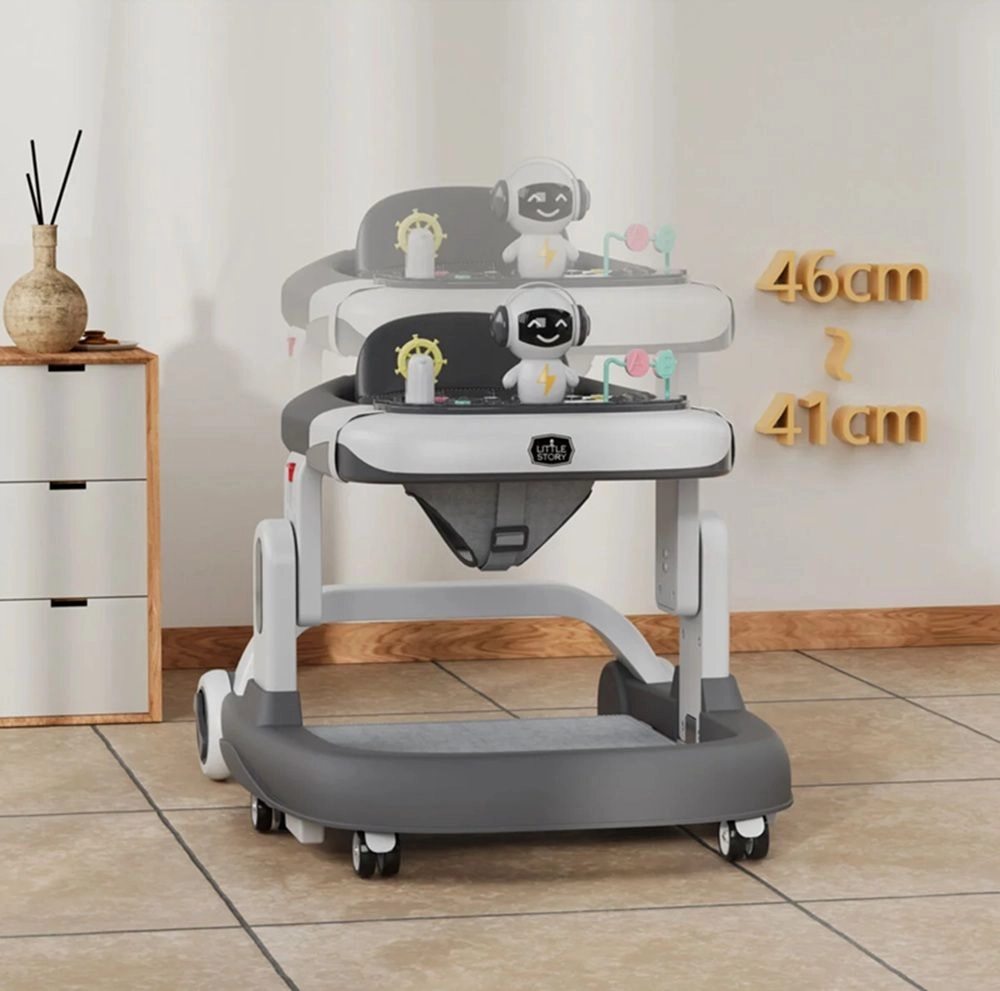 Adjustable Baby Walker - Grey Foldable 6-Wheel