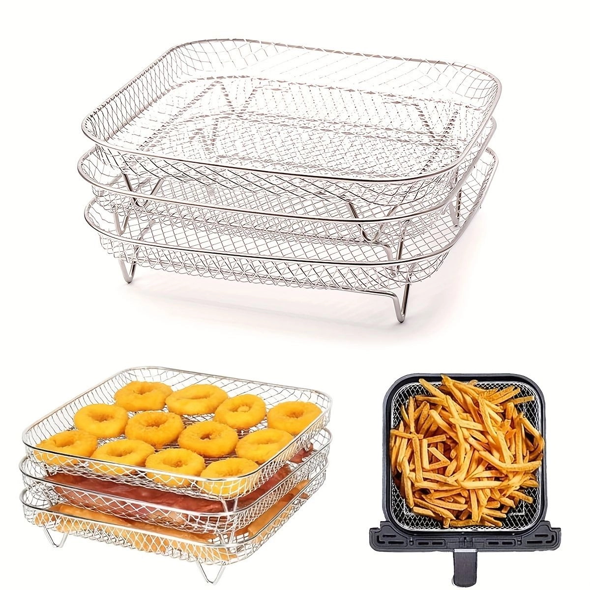 Generic 3 Tier Stainless Steel Air Fryer Accessory Set - 430 stainless steel 1 Set
