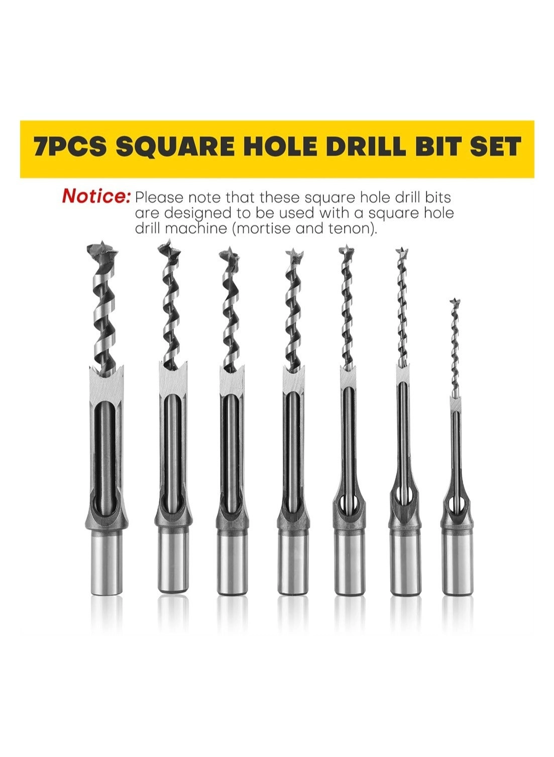 Square Hole Drill Bit Set - 1/4” 5/16“ 3/8" 1/2" 9/16" 5/8" 3/4" 7 Pack