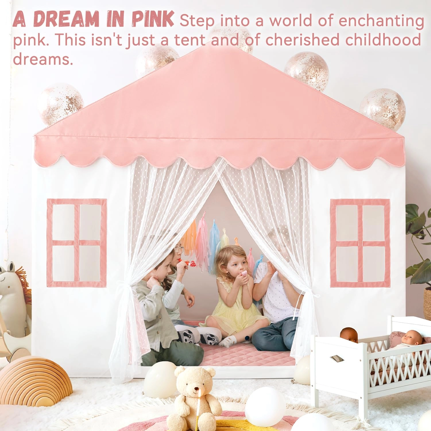 Kids Play Tent - 35.5 inches (W) x 57 inches (L) x 53 inches (H) Pink