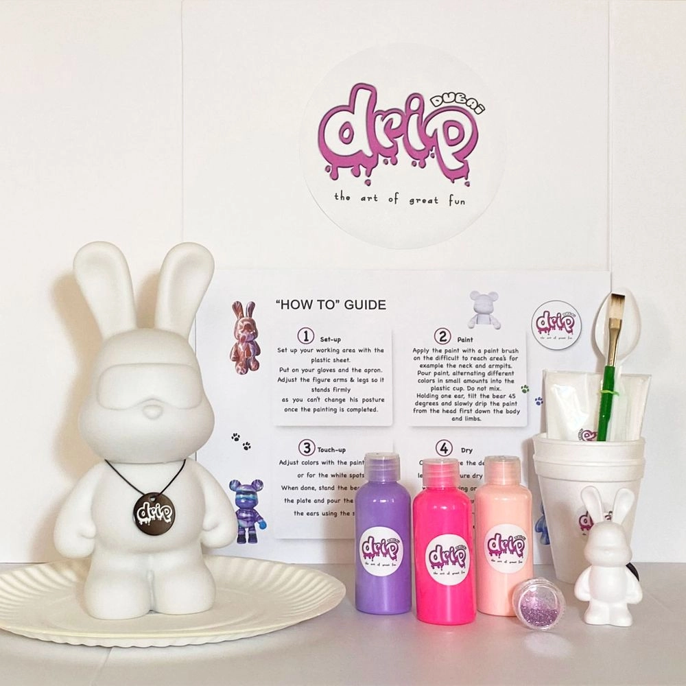 DIY Bunny Fluid Acrylic Pouring Paint Kit - 5 acrylic paints 2 oz/60 ml each; apron; clear cups; plate; gloves; paintbrush; pipette; spoon; table sheet