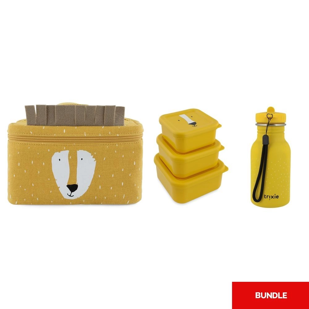 TRIXIE Thermal Lunch Bag - Mr. Lion Yellow + Drinking Water Bottle - 350ml + Snack Box Nesting - Set of 3