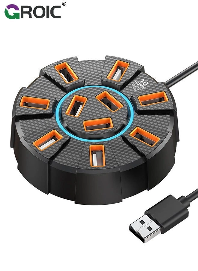 GROIC 10-Port Expansion USB Splitter - USB 2.0 LED