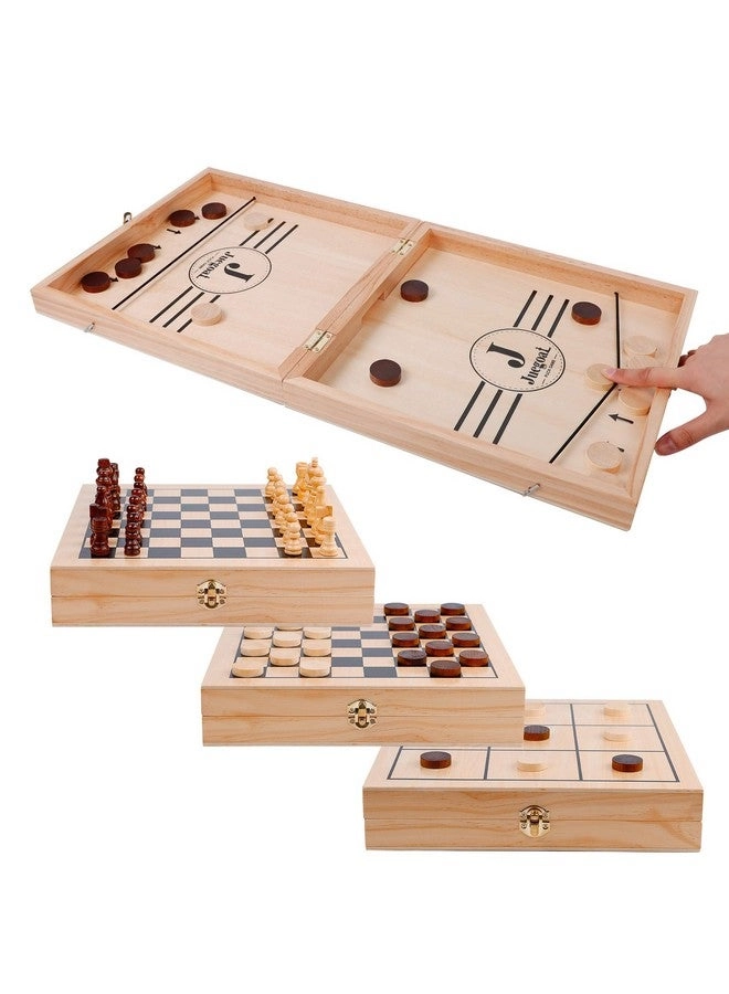 Juegoal 4-in-1 Wooden Fast Sling Puck Set - Chess Checkers Tic Tac Toe
