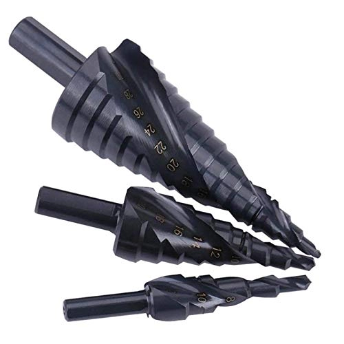 Spiral Grooved Step Drill Bit Set - High Speed Steel Titanium Coated 3pcs 4-32mm/4-20mm/4-12mm