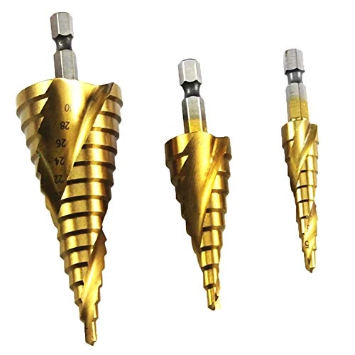 Spiral Grooved Step Drill Bit Set - High Speed Steel Titanium Coated 3pcs 4-32mm/4-20mm/4-12mm
