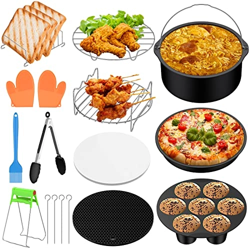 Round Cake Mould + Pizza Basket + Cupcake Mould + Silicone Mat + Round Grill Holder + Multi-purpose Stand + Skewers + Toast Bread Holder + Parchment Paper + Silicone Brush + Dish Plate Clip + Food Clip + Silicone Mini Mitts