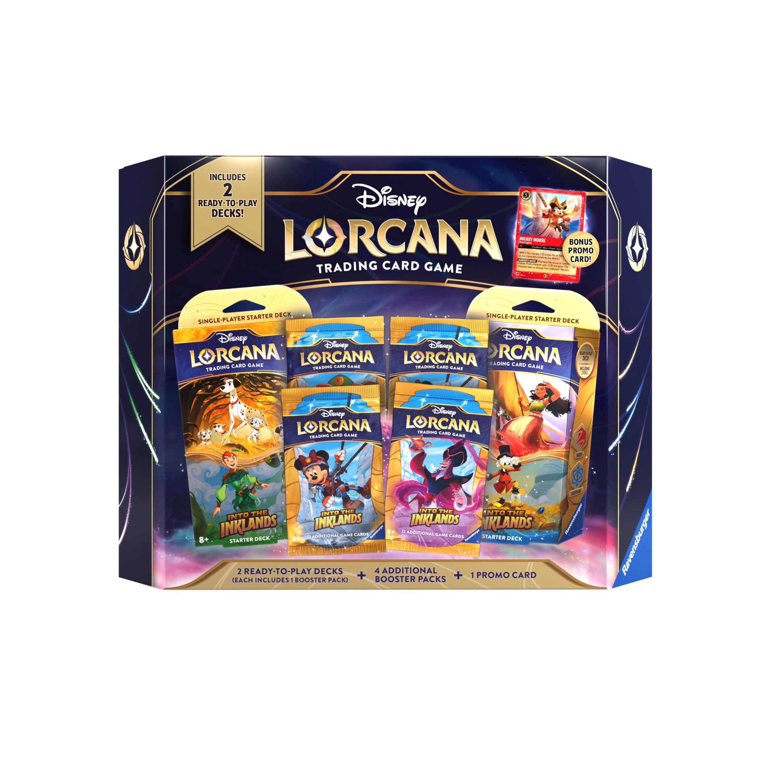 Into the Inklands Starter Deck - 2pcs + Into the Inklands Booster Pack - 4pcs + Glimmer Foil Mickey Mouse - Pirate Captain Promo Card