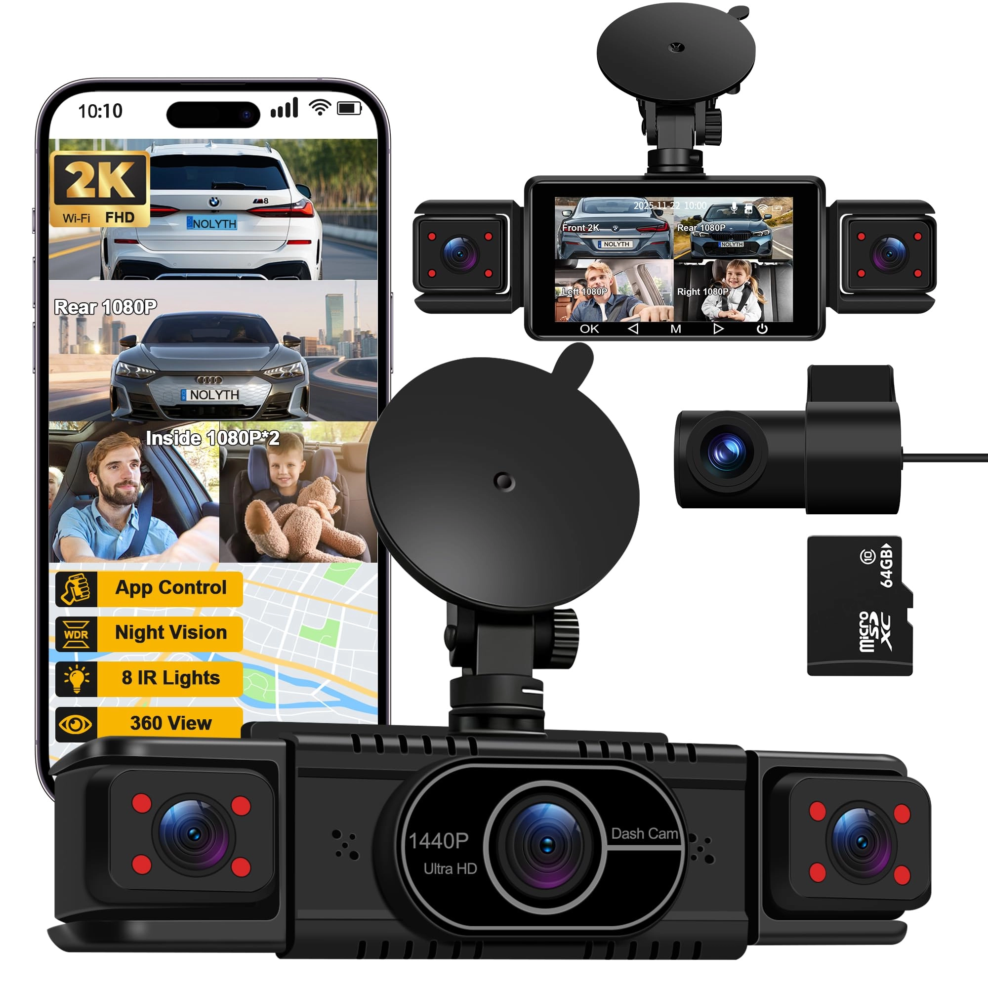 Confoly Tech Dash Cam Front and Rear 4-Channel - 1440p