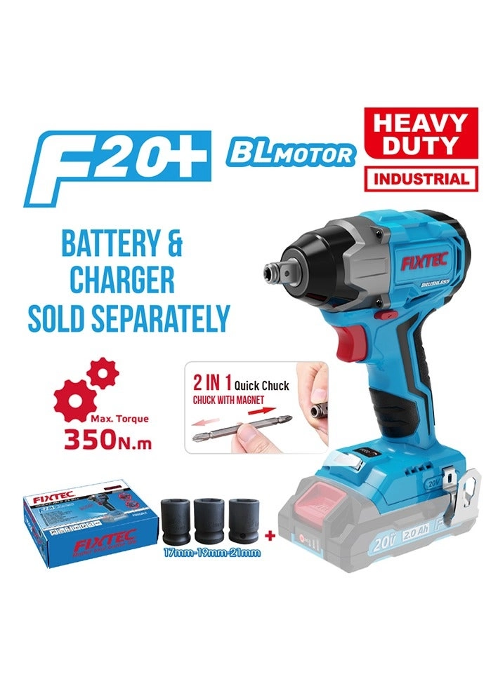 FIXTEC Cordless Brushless Impact Wrench - 350Nm 1/2”+1/4” Internal Hexagan