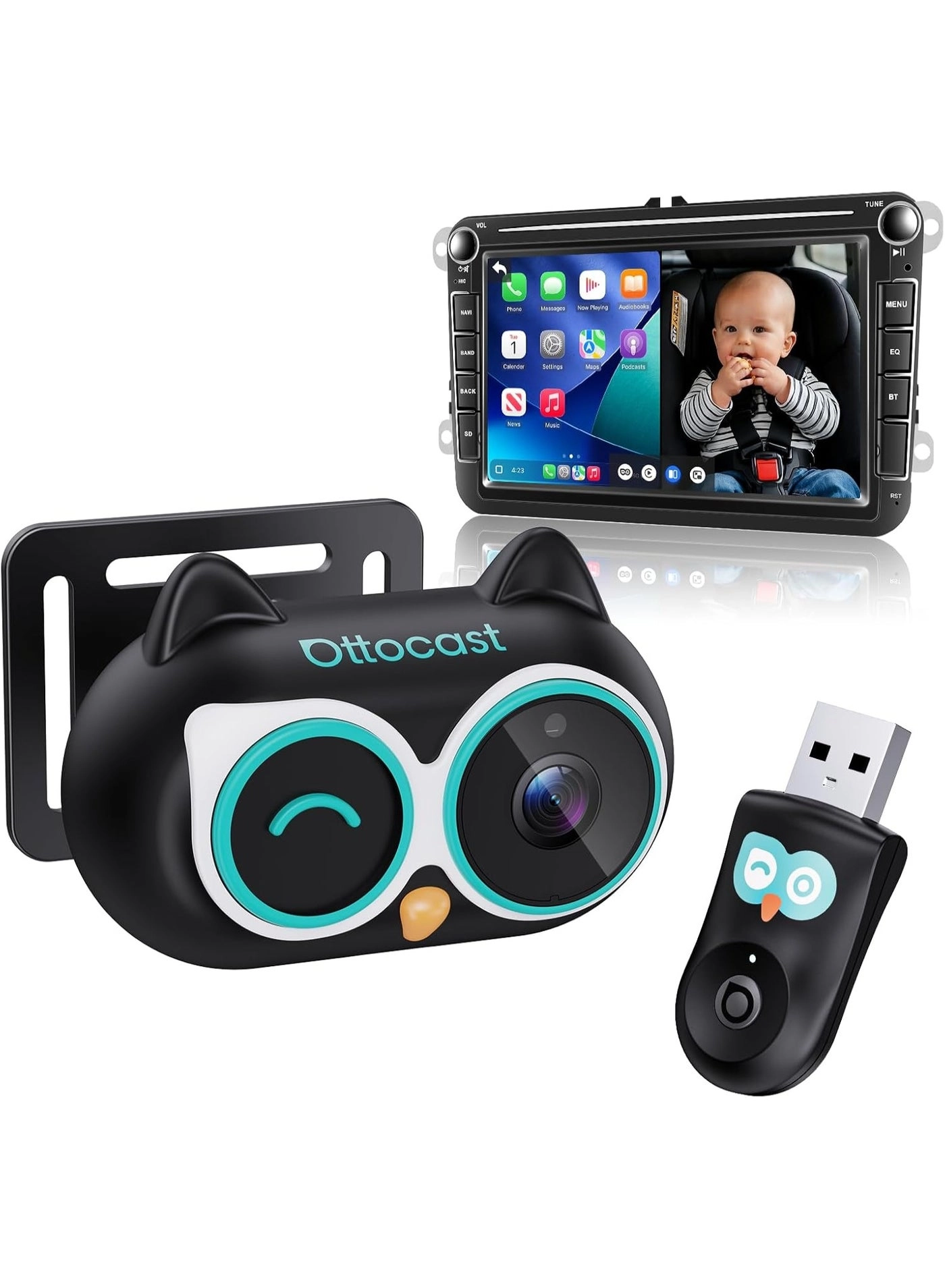 Ottocast Cabin Care CarPlay Adapter - USB-A Plug & Play + Mini Rear Seat Camera - 1080P