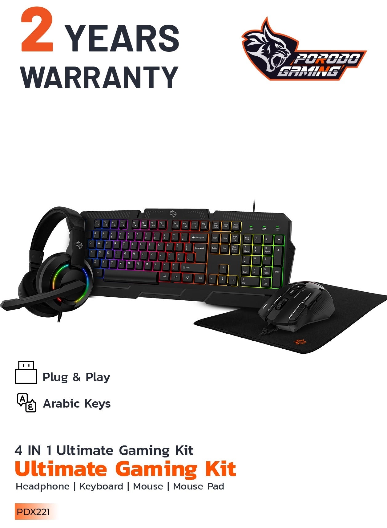 Porodo Keyboard + Mouse + Headset + Mousepad - Wired