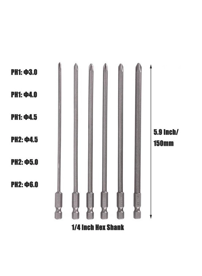 1/4 Hex Shank Magnetic Cross Phillips Screwdriver Bits - 6Pcs 5.9-Inch Length