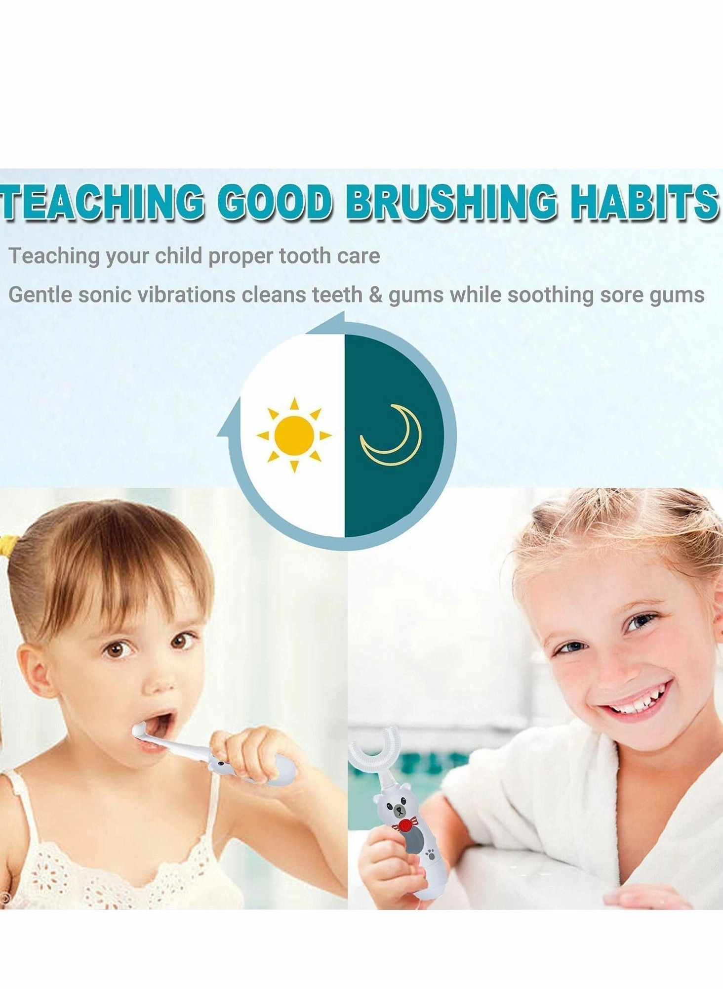Kids Automatic Electric Toothbrush - U-Type 3 Brush Heads Battery Operated